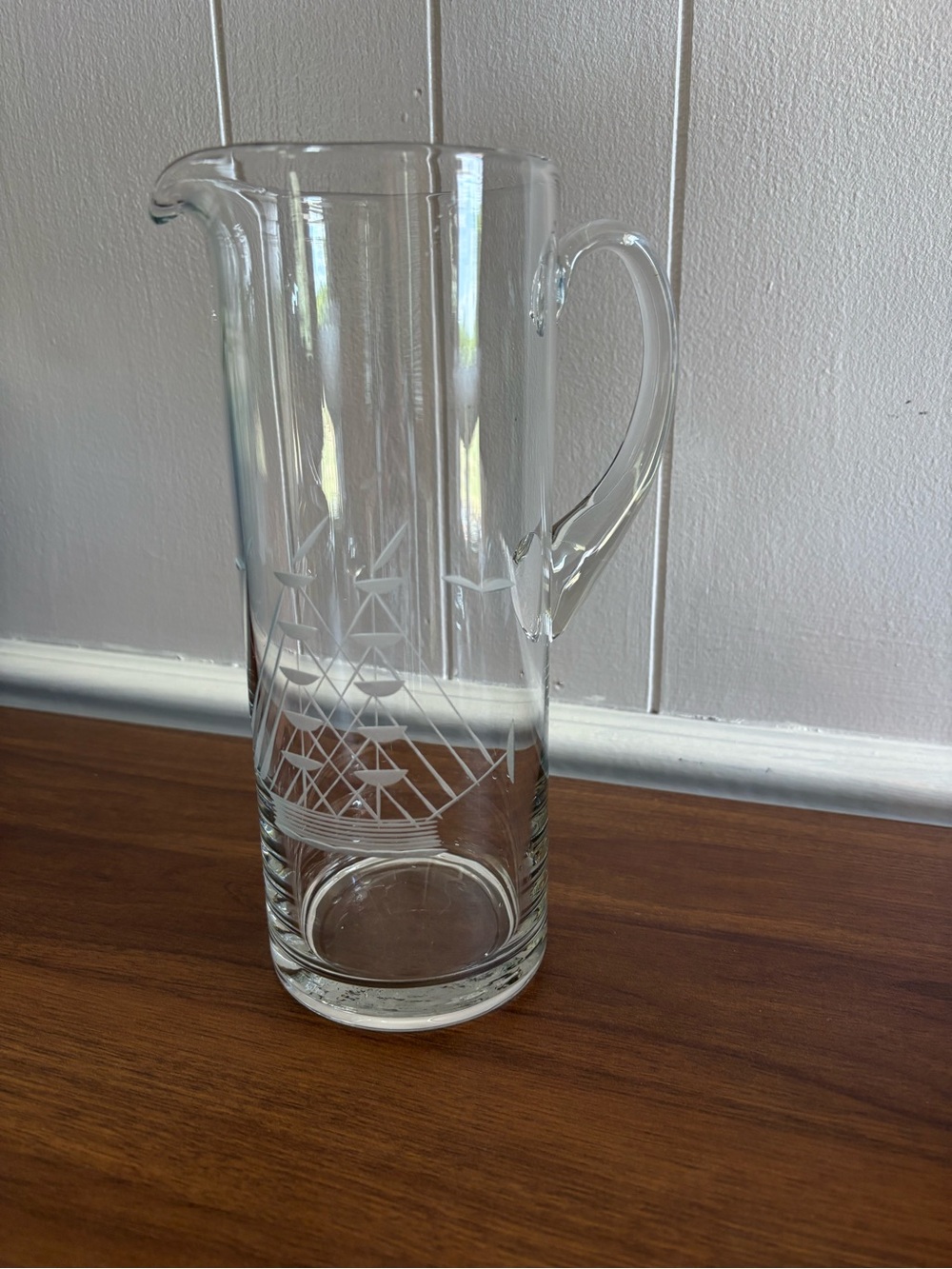 Vintage Etched Sailboat Clear Glass Pitcher with Handle
